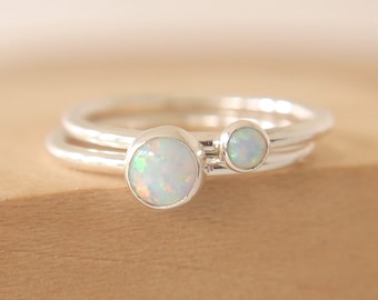 Opal Ring Set - Sterling Silver and Lab Opal Gemstone Solitaire Rings - Double Stacking Rings - October Birthstone Rings