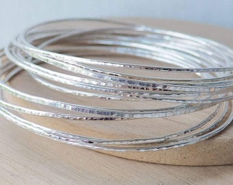 Thin Silver Bangles - Sterling Silver Skinny Boho Stacking Bracelets - Stacking Bangle Sets - Summer Jewellery