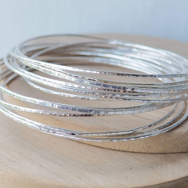 Thin Silver Bangles - Sterling Silver Skinny Boho Stacking Bracelets - Stacking Bangle Sets - Summer Jewellery