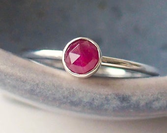 RUBY Solitaire Ring - Silver Red Ruby Birthstone Stacking Ring - JULY Birthstone Jewellery - Genuine Gemstone Customised Ring - GIft for Her
