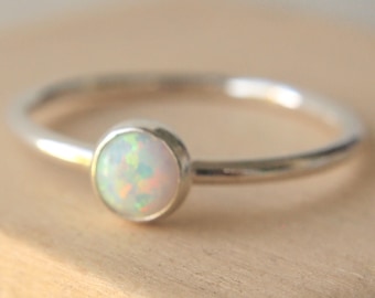 White Opal Ring - Lab Opal Stacking Ring - October Birthstone Jewellery - Synthetic Opal Ring -5mm Cabochon Ring