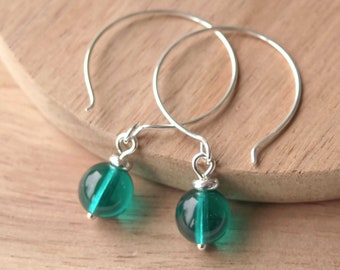 Emerald Green Silver Dangle Hoop Earrings - Sterling Silver and Bright Green Dropper Large Hoop Earrings - Minimalist Earrings with Colour