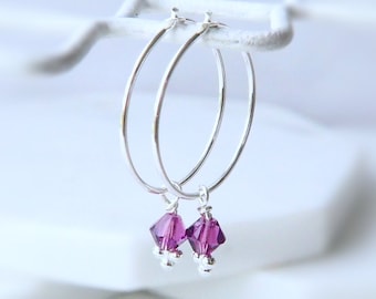 February Birthday Earring Birthstone Gift. Simple Silver Boho Hoops with Purple Crystal Dropper Charm.