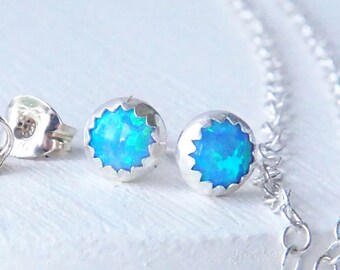 BLUE OPAL Earrings - Sterling Silver Round Gemstone Earrings - October Birthstone Jewellery Gift