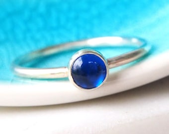 Silver and Sapphire Gemstone Ring - Stacking Lab Sapphire Ring - Solitaire Ring - September Birthstone Ring - Sapphire Cabochon Band