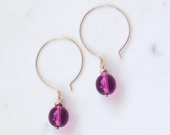 Purple Silver Dangle Hoop Earrings - Sterling Silver and Amethyst Purple Dropper Large Hoop Earrings - Minimalist Earrings with Colour