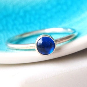 Silver and Sapphire Gemstone Ring - Stacking Lab Sapphire Ring - Solitaire Ring - September Birthstone Ring - Sapphire Cabochon Band