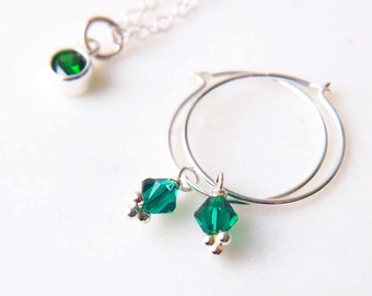 MAY Birthstone Earrings. Simple Silver Boho Hoops with Emerald Crystal Dropper Charm.