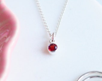 January Birthstone Solitaire Silver Necklace - Red Cubic Zirconia & Sterling Silver Minimalist Pendant - Birthstone Birthday Gift