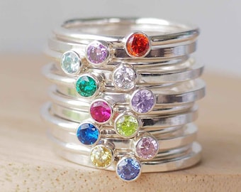 BIRTHSTONE Ring in Sterling Silver and your Birthstone - Custom made Stackable Rings - Cubic Zirconia and Sterling Silver -  Personalised