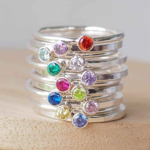 BIRTHSTONE Ring in Sterling Silver and your Birthstone Custom made Stackable Rings Cubic Zirconia and Sterling Silver Personalised image 1