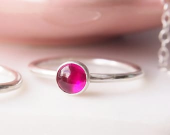 RUBY Stackable Silver Ring - Birthstone Jewellery for July - Pink Solitaire Ring - Simple Silver Gemstone Ring.