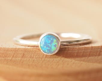 Blue Opal Ring - Sterling Silver - Gemstone Stacking Ring - October Birthstone Jewellery - Synthetic Opal Ring -5mm Cabochon Ring -