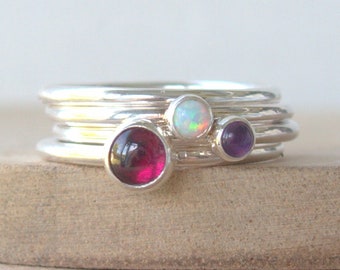 Garnet, Lab Opal and Amethyst Birthstone Ring Set. Triple Ring Set