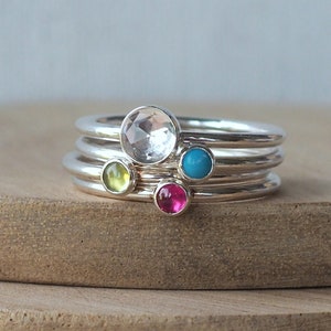 Four Ring Set with White Topaz, Lab Ruby, Peridot and Turquoise Rings Multi Ring set with Cabochon Rings Birthstone Ring Combination image 1