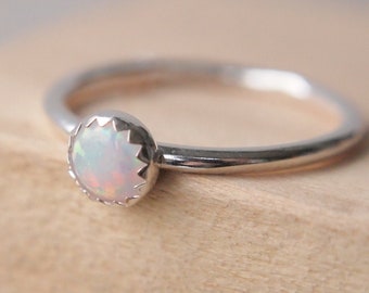 Silver Opal Ring  - White Opal Cabochon Ring -  Birthstone ring - Birthstone Jewellery -Lab Opal Ring - Gift for Her