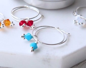 BIRTHSTONE Hoop Earrings - Sterling Silver & Crystal Drop Earrings - Personalised Birthstone Gift