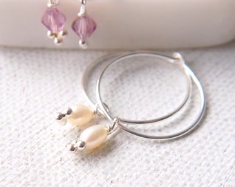 PEARL Silver Hoop Earrings , Perfect Pearls for Wedding Earrings - Simple Freshwater  Pearl Drop Earrings