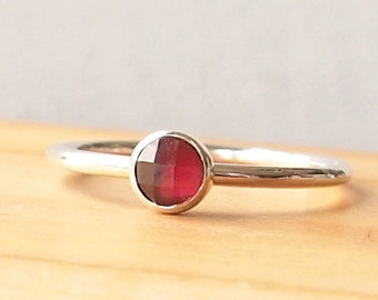 Garnet and Silver Ring - Red Gemstone Ring - January Birthstone - Stacking Birthstone Ring -  Birthstone Gift -