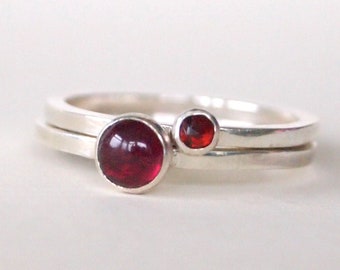 Garnet Ring Set - Stacking Garnet Rings - Sterling Silver Rings - Birthstone Gift - January Birthstone Jewelry - Garnet Cabochon Ring