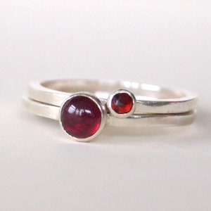 Garnet Ring Set - Stacking Garnet Rings - Sterling Silver Rings - Birthstone Gift - January Birthstone Jewelry - Garnet Cabochon Ring