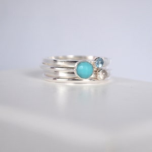 Mixed Birthstone Stacking Rings, Sterling Silver Turquoise. Aquamarine and Moonstone Ring Set, Family Birthstone Jewellery, Mothers Ring image 2