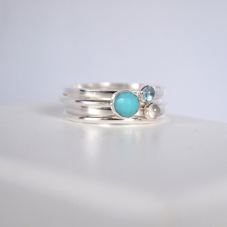 Mixed Birthstone Stacking Rings, Sterling Silver Turquoise. Aquamarine and Moonstone Ring Set, Family Birthstone Jewellery, Mothers Ring image 2