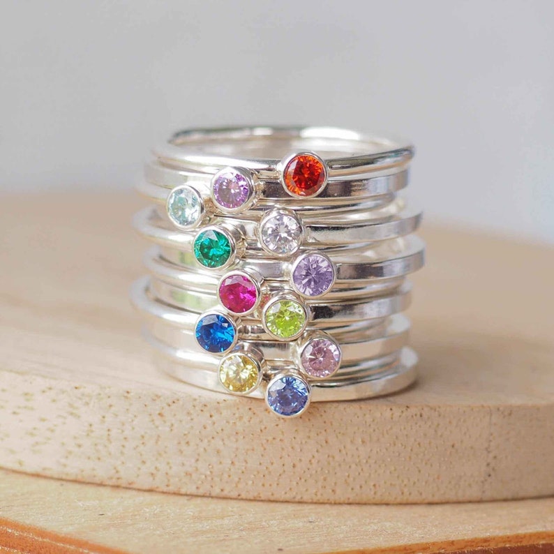 BIRTHSTONE Ring in Sterling Silver and your Birthstone Custom made Stackable Rings Cubic Zirconia and Sterling Silver Personalised image 1