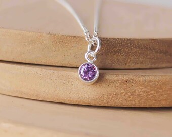 February Birthstone Charm Silver Necklace. Minimalist Amethyst Purple Pendant. Cubic Zirconia Necklace, Gift for Her