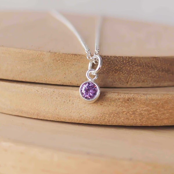 February Birthstone Charm Silver Necklace. Minimalist Amethyst Purple Pendant. Cubic Zirconia Necklace, Gift for Her