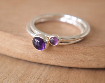 Amethyst Double Ring Set, February Birthstone - Purple and Silver Rings