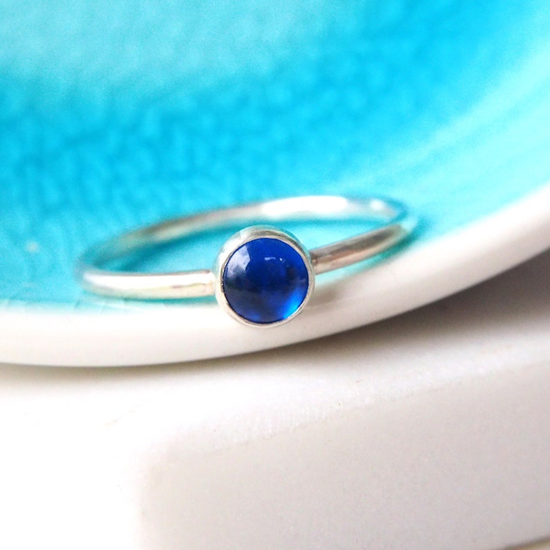 Silver and Sapphire Gemstone Ring Stacking Lab Sapphire Ring Solitaire Ring September Birthstone Ring Sapphire Cabochon Band image 1