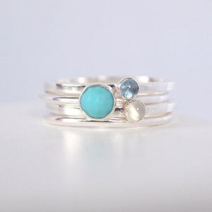 Mixed Birthstone Stacking Rings, Sterling Silver Turquoise. Aquamarine and Moonstone Ring Set, Family Birthstone Jewellery, Mothers Ring image 1