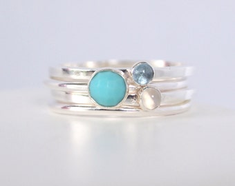 Mixed Birthstone Stacking Rings, Sterling Silver Turquoise. Aquamarine and Moonstone Ring Set, Family Birthstone Jewellery, Mothers Ring