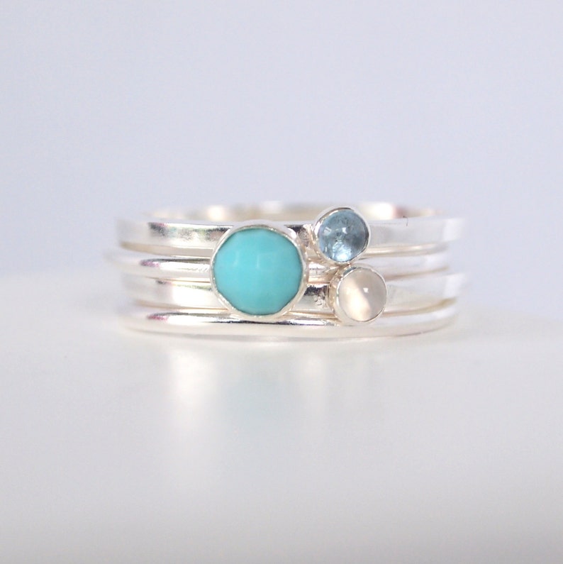 Mixed Birthstone Stacking Rings, Sterling Silver Turquoise. Aquamarine and Moonstone Ring Set, Family Birthstone Jewellery, Mothers Ring image 1