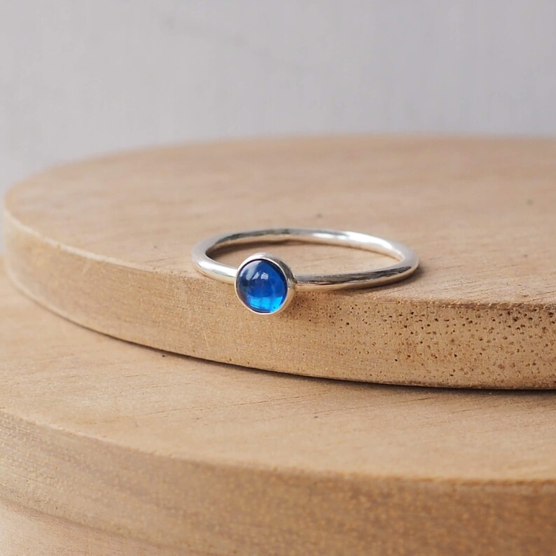 Silver and Sapphire Gemstone Ring Stacking Lab Sapphire Ring Solitaire Ring September Birthstone Ring Sapphire Cabochon Band image 2