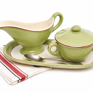Vintage Authentic 1950's Diner Ware Green With Thin Red Stripe Creamer/Gravy Boat, Covered Sugar and Under Plate Ohio USA Sterling Co.