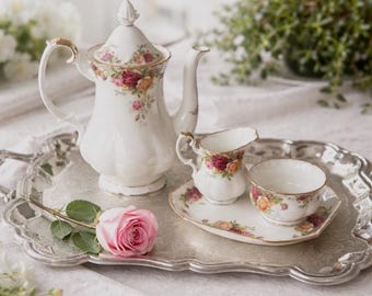 Vintage Royal Albert Old Country Roses Coffee Set with Silverplate Tray