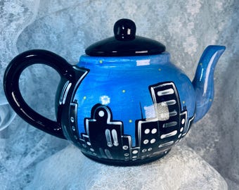 Teiera vintage "Città di notte" Unica, stile retrò moderno MCM