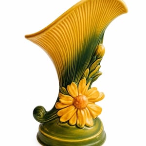 Roseville Peony Cornucopia Vase, Green Ombre Art Pottery, Arts & Crafts Style