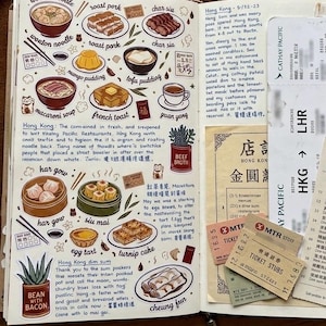 Op de afbeelding: Een open dagboek met kleurrijke illustraties van Hong Kong-gerechten, waaronder wonton-noedels en geroosterd varkensvlees. Reis-souvenirs zoals tickets en een boarding pass vullen het thema reizen en eten aan.