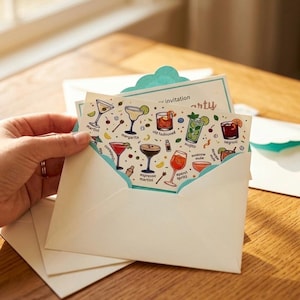May include: An off-white invitation card with a teal border and a cocktail illustration. The card is inside a matching envelope. The illustration features various cocktails, including a martini, margarita, and mojito.