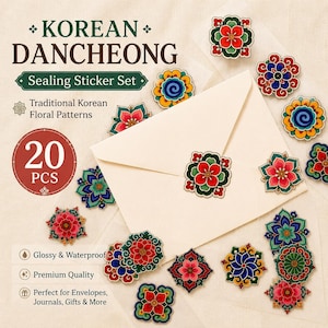 May include: A set of 20 Korean Dancheong sealing stickers featuring intricate floral patterns in red, green, blue, and yellow. The stickers are displayed around a cream-coloured envelope, with text reading KOREAN DANCHEONG Sealing Sticker Set.