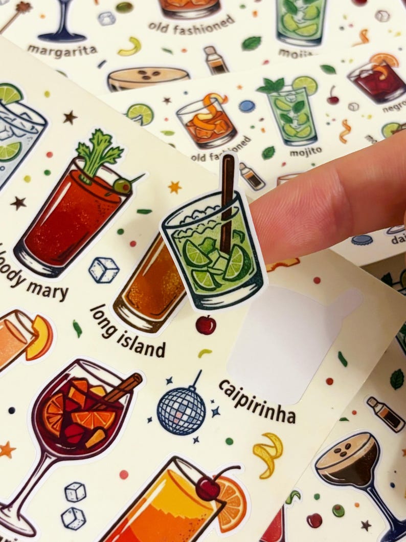 Cocktail Sticker Sheet | Party Invitation Insert | Watercolor Drink ...