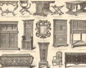 FURNITURE, PERIODS and Styles Antique Engraving, printed in 1890 Rococo, Renaissance, Gothic, Louis XV. Style, 129 years old fine print