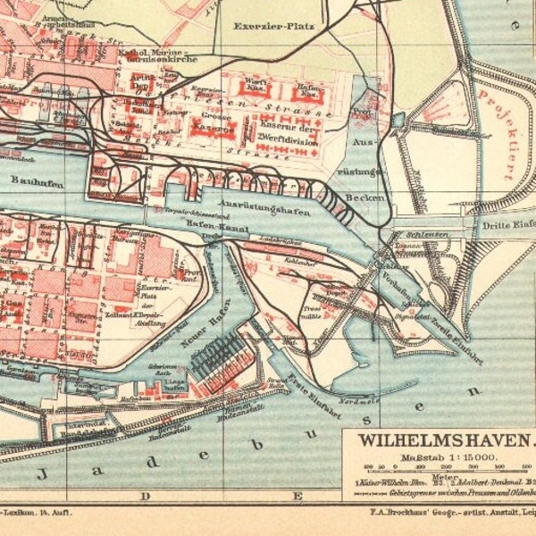 1905 WILHELMSHAVEN Antique Dated City Map, Lower Saxony, German Empire, Germany