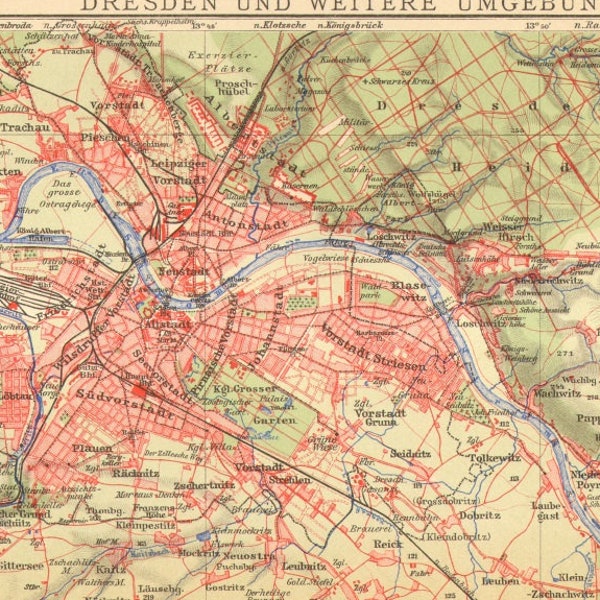 1906 DRESDEN and its Surroundings Antique Dated Map, GERMANY, SAXONY