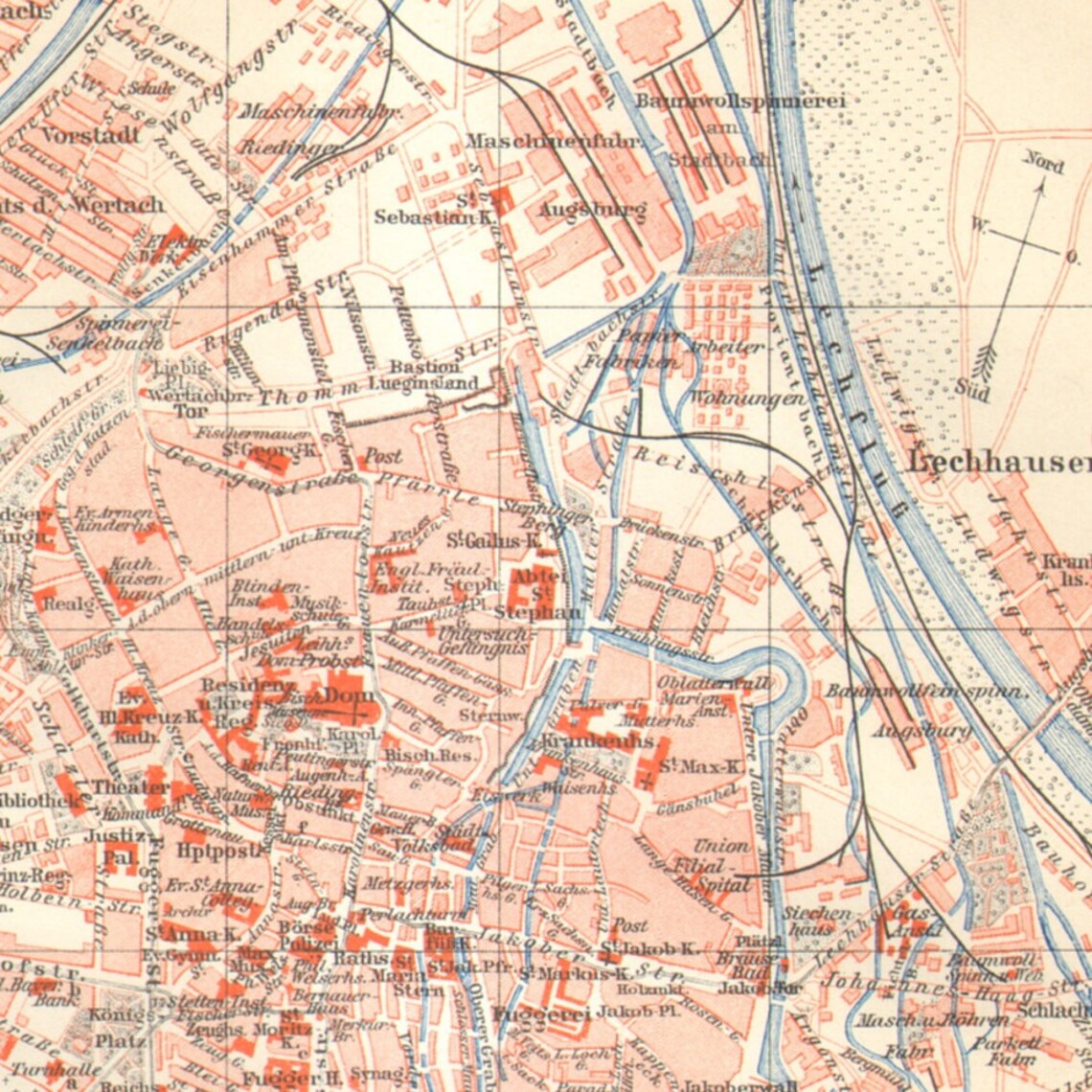 1892 AUGSBURG Antique City Map BAVARIA GERMANY 129 years | Etsy