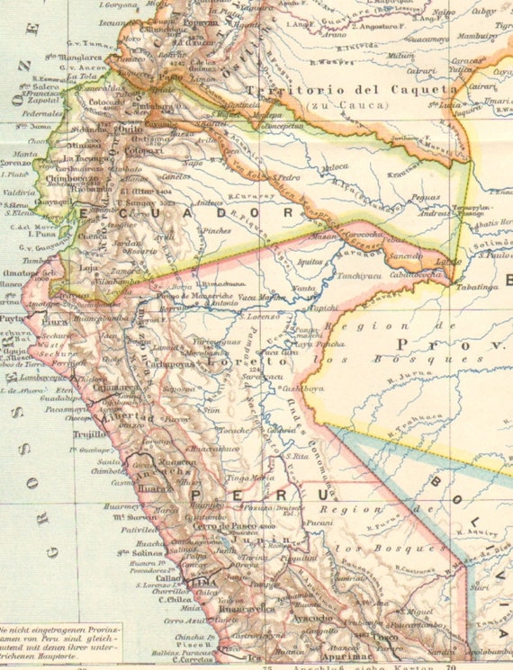 Equador Columbia und Venezuela Alte historische Landkarte 1877: Peru M3 