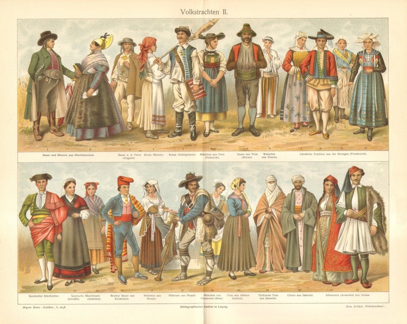 124 yrs old fine print Catalan Folk Dresses Tirolian Hungarian 1897 NATIONAL COSTUMES Antique Lithograph Traditional Garments Spanish